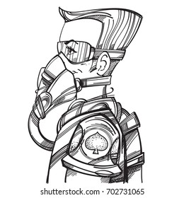 Man in oxygen mask and protective glasses. Jack of spades. Character for space playing cards, posters, coloring books and other items.