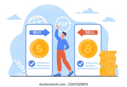 Man with P2P concept. Young guy near smarthones with dollar and bitcoin. Peer to peer transactions and transfers between users. Cryptocurrency exchange. Cartoon flat vector illustration