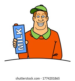 A man with a pack of milk in his hand. Vector scalable color drawing.