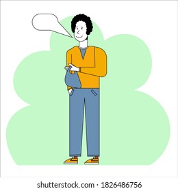 A man with a package comments on a purchase. A boy is holding a heavy bag for a drinks store. Concept for an online store.
