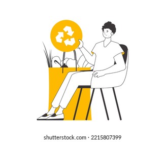 A man, a package with products and an eco logo. The concept of reasonable consumption. Lineart style. Isolated on white background. Vector illustration.