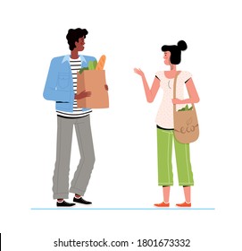 A man with a package of products and a woman with an eco bag are talking. The concept of avoiding plastic bags. A short friendly conversation.