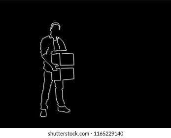 Man with packages isolated line drawing, vector illustration design. Logistics collection.