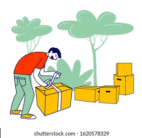 Man Packing Box with Donating Things. Charity Organization Help People in Troubles and Poor Families with Finance Problems. Volunteer in Donation Center. Cartoon Flat Vector Illustration, Line Art