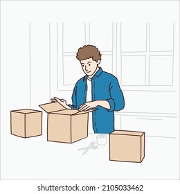 Man packing boxes to deliver goods to customers, Vector design and illustration.
