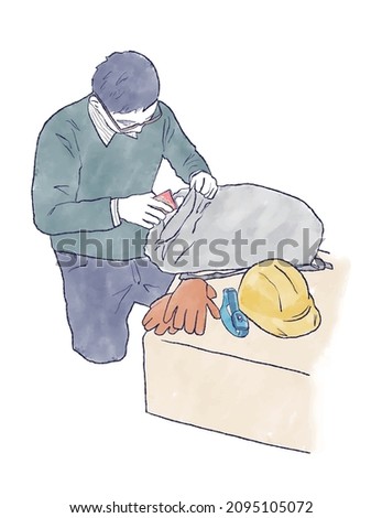 A man packing emergency supplies in a backpack. Watercolor and ink hand-drawn illustration. Preparing for disaster. Helmet, headlamp, gloves, and dry bread
