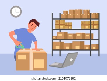 A man packing order for shipping to customer. Making money by online business concept vector illustration. Drop ship company. Startup owner.