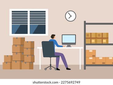 Man packing order for shipping to customer. He earn money from selling products via online store. Making money by online business concept vector illustration. Drop ship order company.