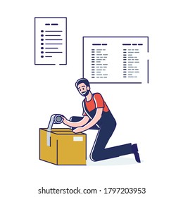 Man packing parcel in cardboard box using tape. Post office courier pack container. Shipment and delivery concept with deliver man and fragile parcel. Cartoon linear vector illustration