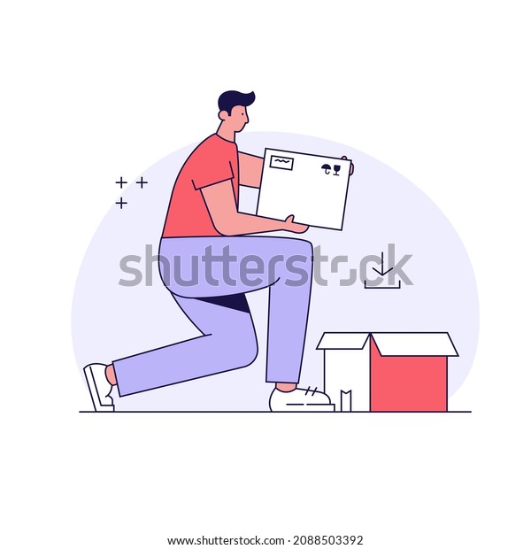 Man packs boxes, helps with the move. Moving\
service in new house or apartment. Delivery truck with cardboard\
boxes for home stuff. Movers moving in new home. Vector\
illustration for Web\
Design