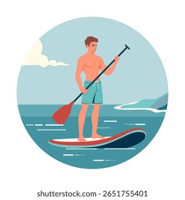 Homem paddleboarding no oceano com ilha tropical à distância no vetor do dia ensolarado