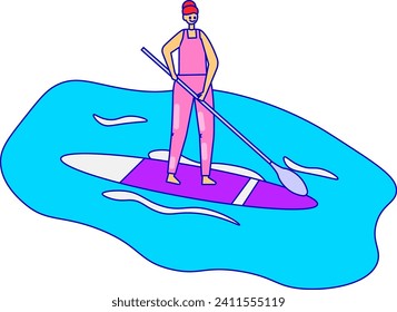 Man paddleboarding on calm blue water with a paddle in hand, wearing a cap and life vest. Adventure sport and summer water activity vector illustration.