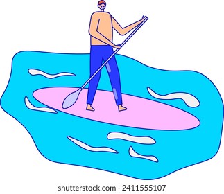 Man paddleboarding on a calm lake, leisure water sport activity. Pastel colors, summer outdoor adventure vector illustration.