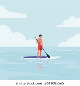Man paddleboarding on a calm sea, standing on a surfboard, wearing swimsuit, summer water sport in flat vector style