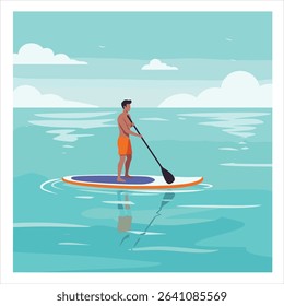 Man paddleboarding on a calm sea, standing on a surfboard, wearing swimsuit, summer water sport in flat vector style