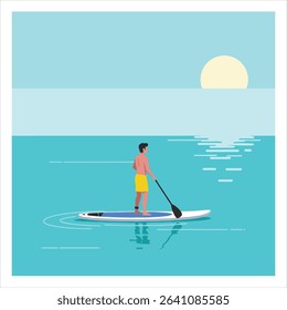 Man paddleboarding on a calm sea, standing on a surfboard, wearing swimsuit, summer water sport in flat vector style