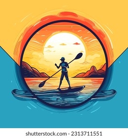 A man paddles a paddleboard at sunset. Summer holiday leisure activity on the water. Cartoon illustration. label, sticker, emblem