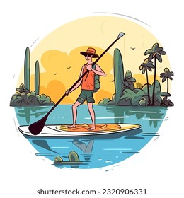 A man paddles a paddleboard at sunset. Summer holiday leisure activity on the water. Cartoon illustration. label, sticker, emblem