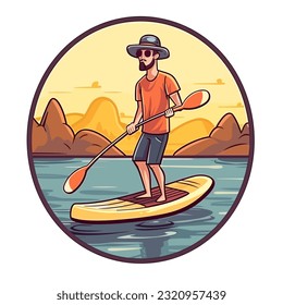 A man paddles a paddleboard at sunset. Summer holiday leisure activity on the water. Cartoon illustration.