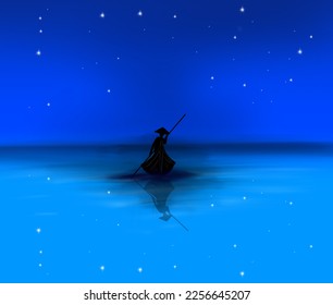 a man paddling a canoe in the middle of a lake with bamboo with a starry blue background at night