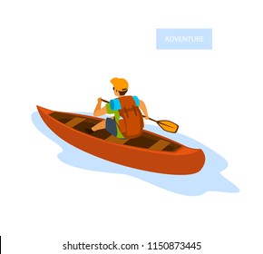 man paddling a canoe, traveling with backpack isolated vector illustration