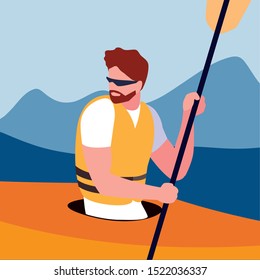 man paddling kayak extreme sport and lifestyle vector illustration