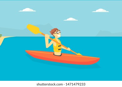 Man Paddling Kayak, Male Tourist Spending Active Vacation on Seaside, Kayaking Water Sport Vector Illustration