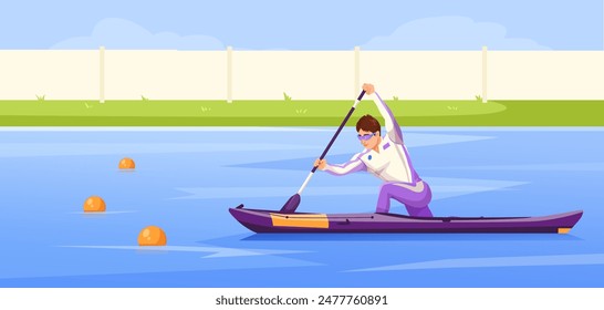 Man paddling kayak on a lake with buoys under a clear sky, flat illustration style, outdoor setting. Concept of water sports. Vector illustration