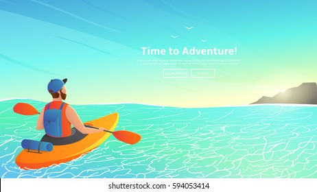 Man paddling kayak in sea. Character kayaking in ocean to island on a sunny day.  Vector illustration. Web banner of summer sport.