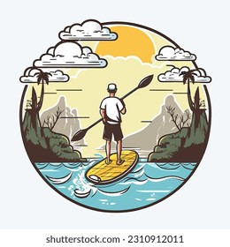 Man paddling on stand up paddleboard. Summer vacation leisure activity. Cartoon illustration. isolated background, label, sticker