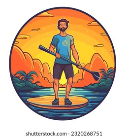 Man paddling on stand up paddleboard. Summer vacation leisure activity. Cartoon illustration. isolated background, label, sticker