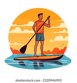 Man paddling on stand up paddleboard. Summer vacation leisure activity. Cartoon illustration. isolated background, label, sticker