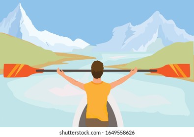 Man paddling on sup or kayak in front of a lake. Mountains and river background. Vector illustration.