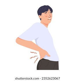 Man pain after long work. A male character with his hands on his back or waist showing backache.  modern trendy style. Hand drawn vector character illustration. Isolated on white background.