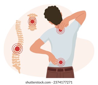 Un hombre con dolor en la vértebra cervical y lumbar. Dolor de espalda, dolor muscular, artrosis, artritis reumatoide. Medicina. Ilustración, vector