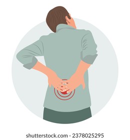 A man with pain in the cervical and lumbar vertebrae. Back pain, muscle pain, osteoarthritis, rheumatoid arthritis. Medicine. Illustration, vector