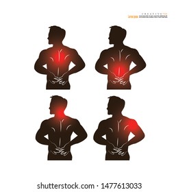 Man pain concept. anatomy with pain point. man having pain at shoulder,neck,back,head. vector illustration.