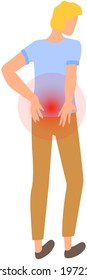 Man with pain in his back isolated on white background. Guy is suffering from backache. Painful sensations in joint. Person is holding his sore loin. Male character feeling pain in small of back