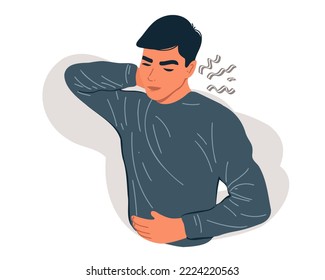 Ein Mann mit Nackenschmerzen hält seine Hand am Hals fest. Muskelschmerzen, Osteoarthritis, Osteochondrose, Nervenknötchen, Rheumatismus und Fibromyalgie.