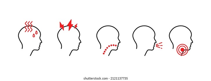 Man With Pain Icon Set. Headache, Fever, Sore Throat. Disease Symptoms. Symptoms Of Covid 19. Vector Eps 10.