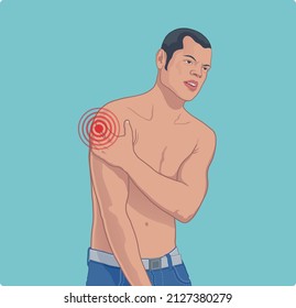 Man with pain at injection site after getting COVID-19 vaccine vector illustration. Man with arm pain shoulder muscle hurt vector.
