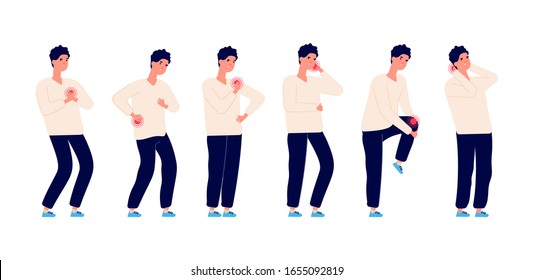Man pain. Male ill, stomach ache and headache. Healthcare and medicine, guy has backache. Cartoon isolated illness person, sick flu human. Body with problems vector set