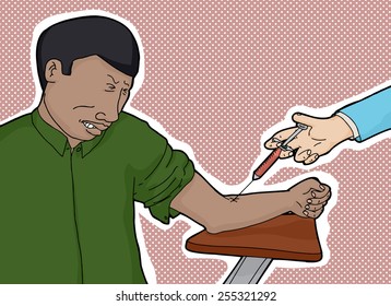 Man in pain at table being immunized
