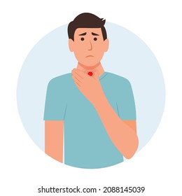 Man  with painful Sore Throat. Pharyngitis and tonsillitis. Respiratory Illness, Virus Prevention.Isolated. Vector illustration in flat cartoon style. Health and medicine.