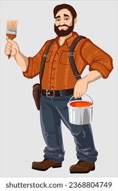 Man with paint brush in hand, concept art, digital art, full size portrait with hammer in hand, in uniform. Charismatic mechanic, vector illustration, rugged male ranger, full size portrait of ranger
