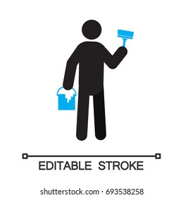 Man with paint and brush silhouette icon. Building worker. Renovation and repair. Isolated vector illustration. Construction. Editable stroke