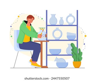 Man paint jug. Young guy painting ceramics pot. Workshop or studio. Handicraft and handmade products. Craftsman with hobby and leisure. Cartoon flat vector illustration isolated on white background