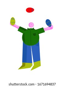 man painted in a flat style, in a green shirt, blue jeans and yellow boots, juggles Easter eggs