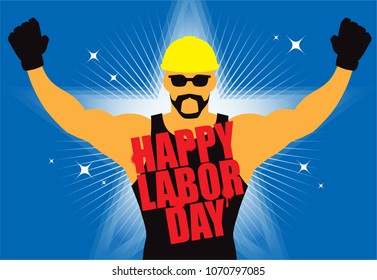 A man with painted text: happy labor day, on his body