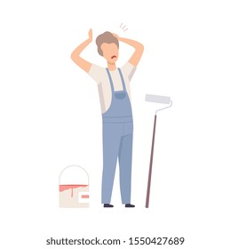 Man Painter And Baby Girl With Fingerprints On The Painted Wall Flat Vector Illustration